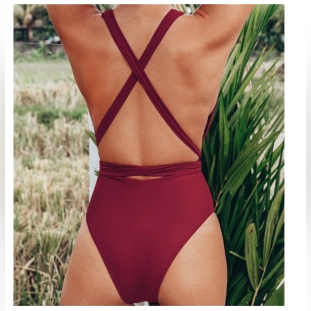 Cupshe Deep Red Wrap One-Piece Swimsuit - Picture 3 of 5